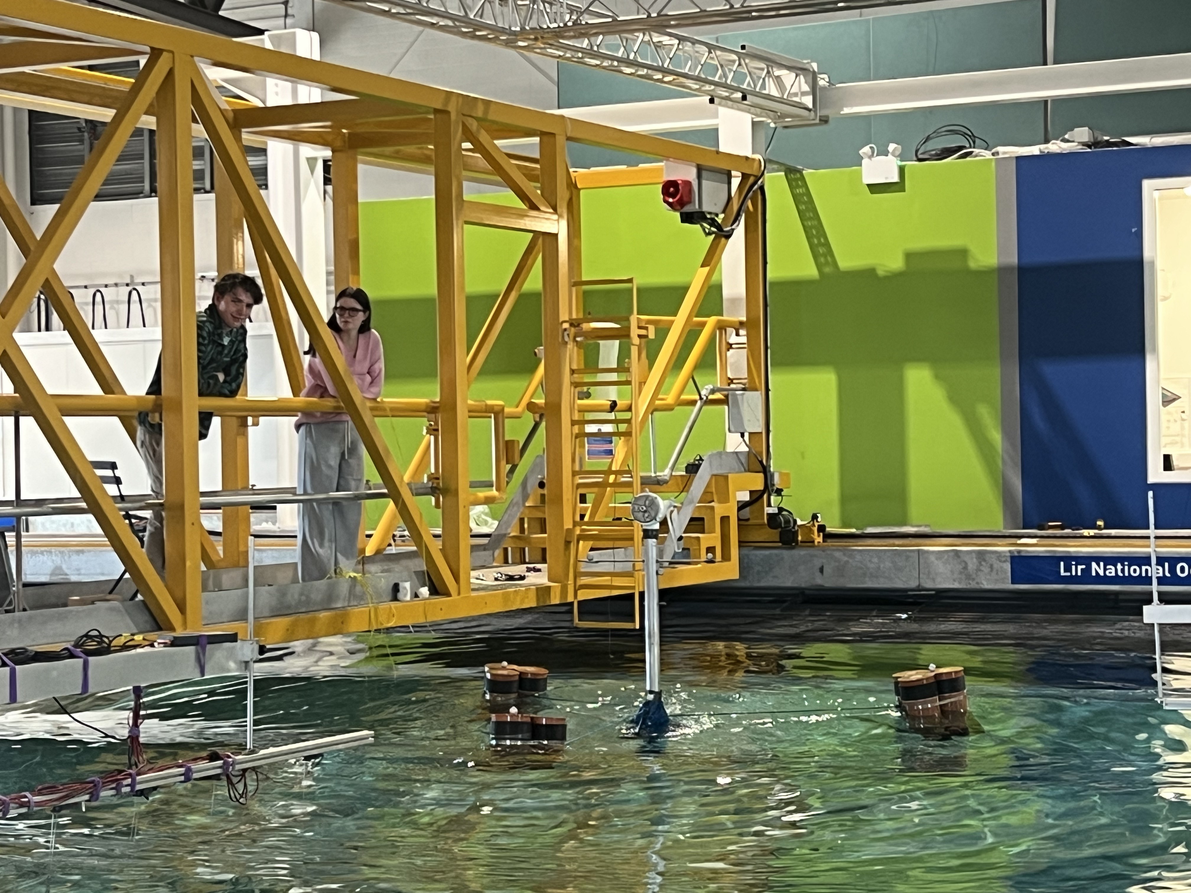The floating wind platform under test in a wave tank